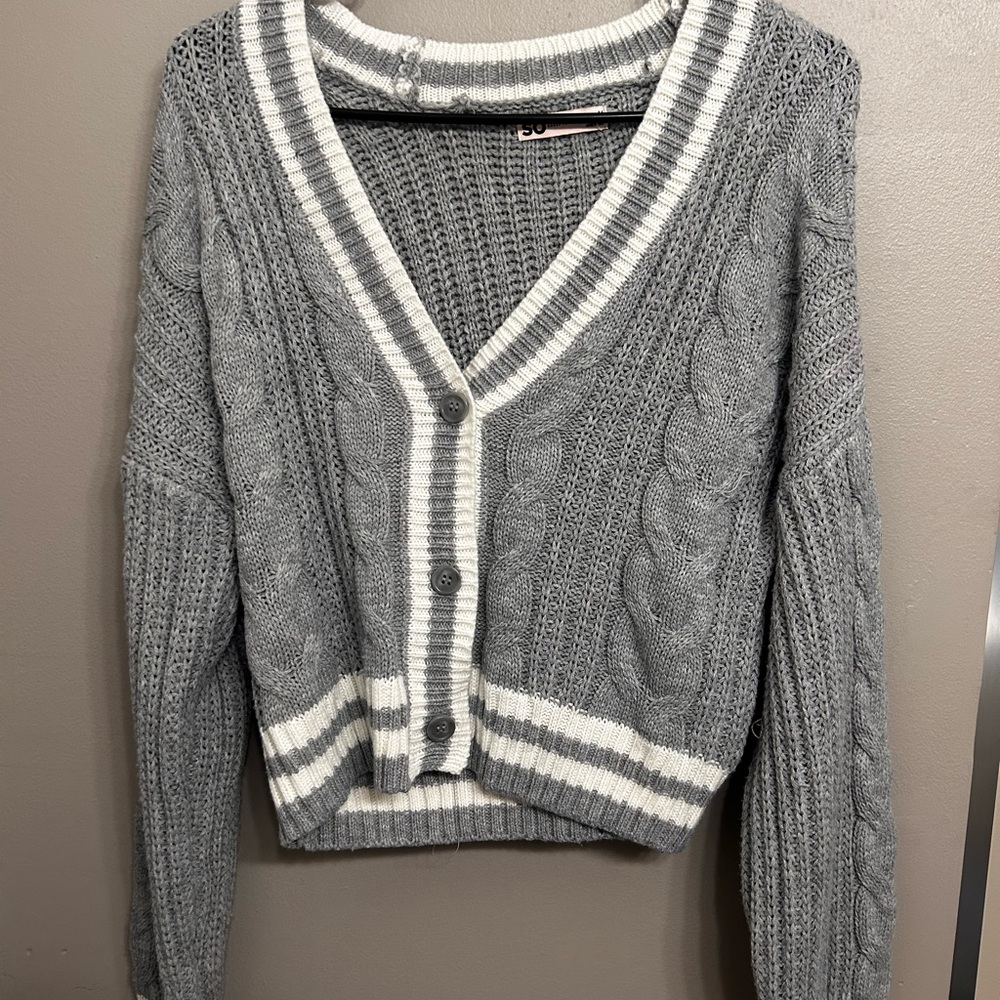 Gray Cable-Knit V-Neck Button Cardigan Sweater